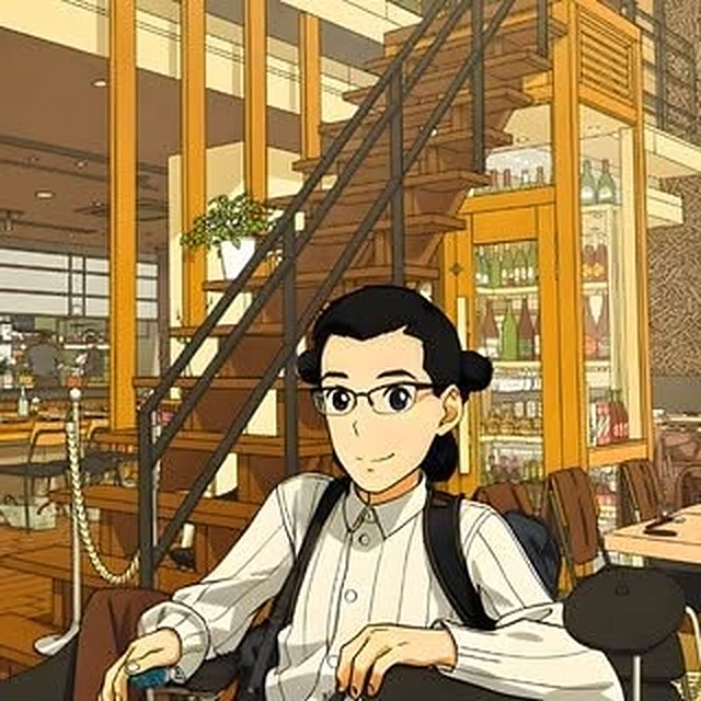 作り手（通称・係長）の似顔絵イラスト。喫茶店の席で、眼鏡にお団子髪、白いシャツ姿